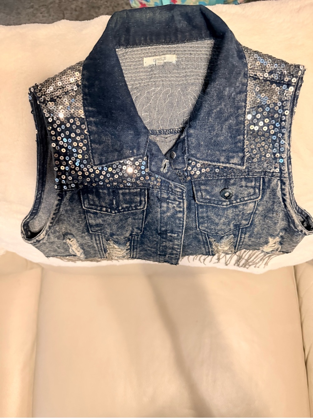 Denim Sequin-Embellished Vest - Blue